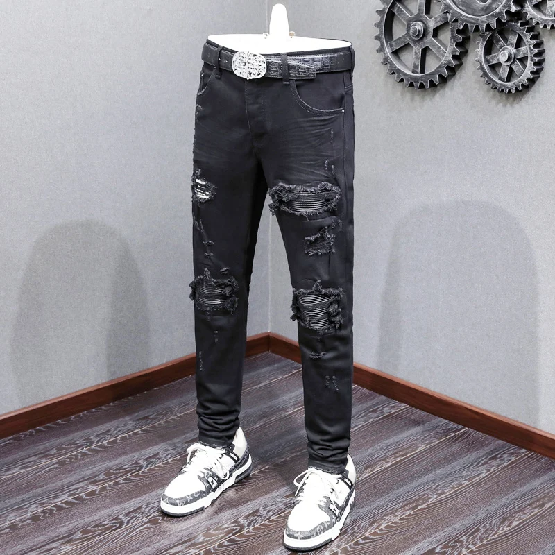 Designer fashion new men's jeans stretch slim fit ripped patch black jeans hip-hop brand pantshombre