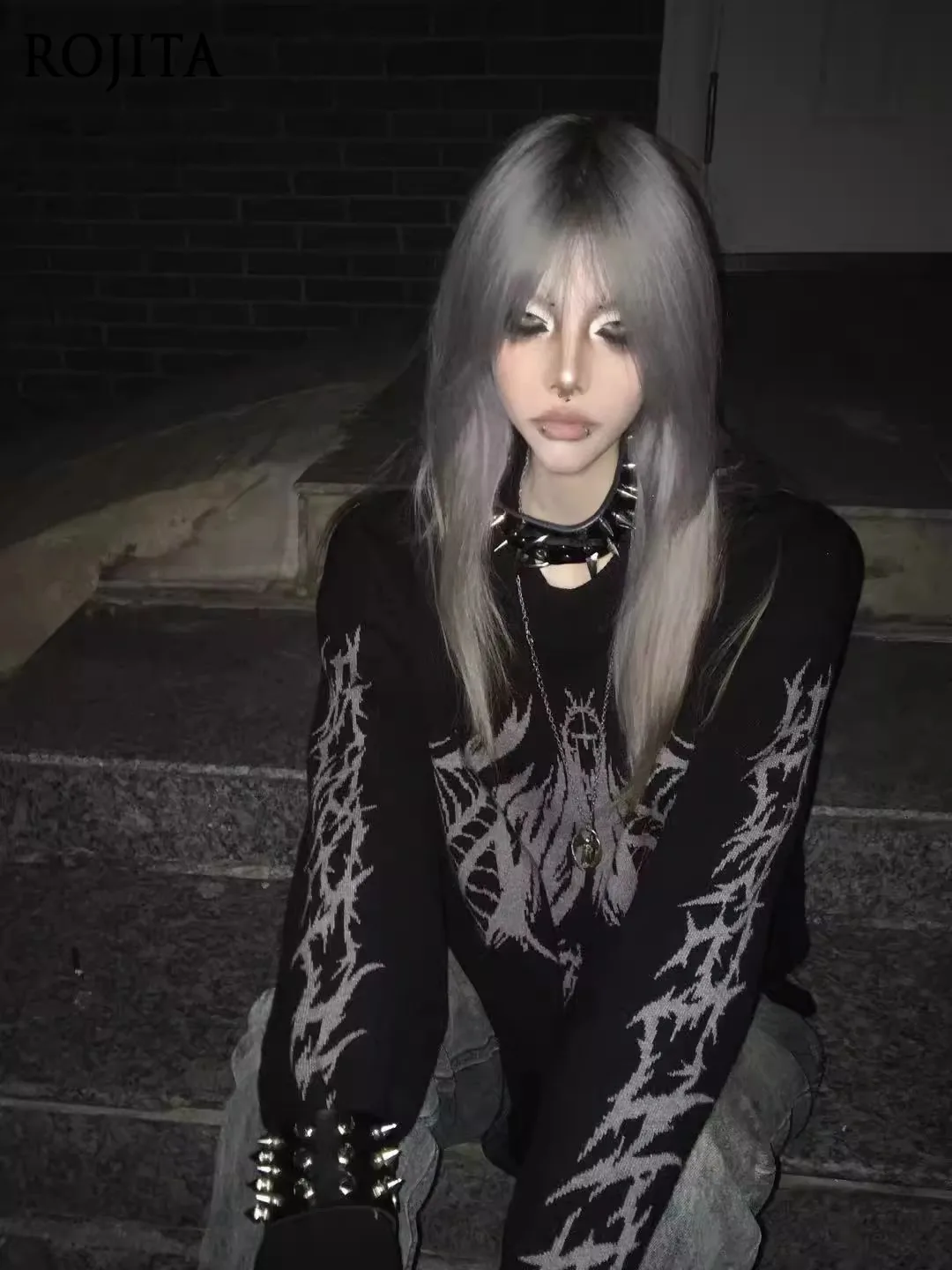 

Жаккардовый свитер, темный свободный пуловер, готический панк-стиль, осенне-зимний уличный свитер для женщин, японские свитера большого размера