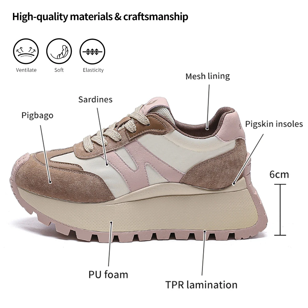 SOMILISS Women Platform Sneakers Pig Sude Satin Cloth Patchwork Lace-Up Round Toe Ladies Casual Sneakers Designer Brand Shoes