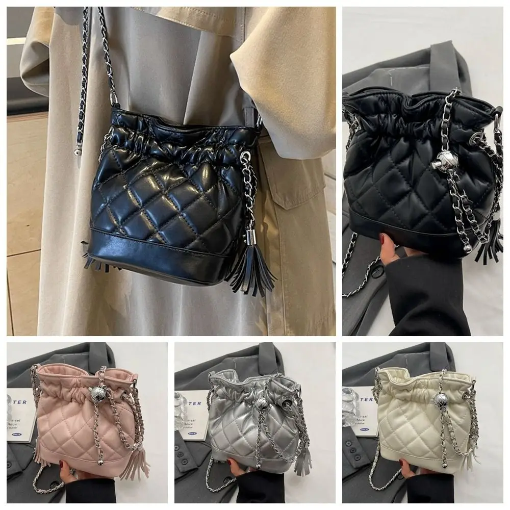 

Casual Pu Leather Rhombic Lattice Chain Shoulder Bag Silver Tassel Drawstring Bucket Bag Check Underarm Bag Crossbody Bag Girls