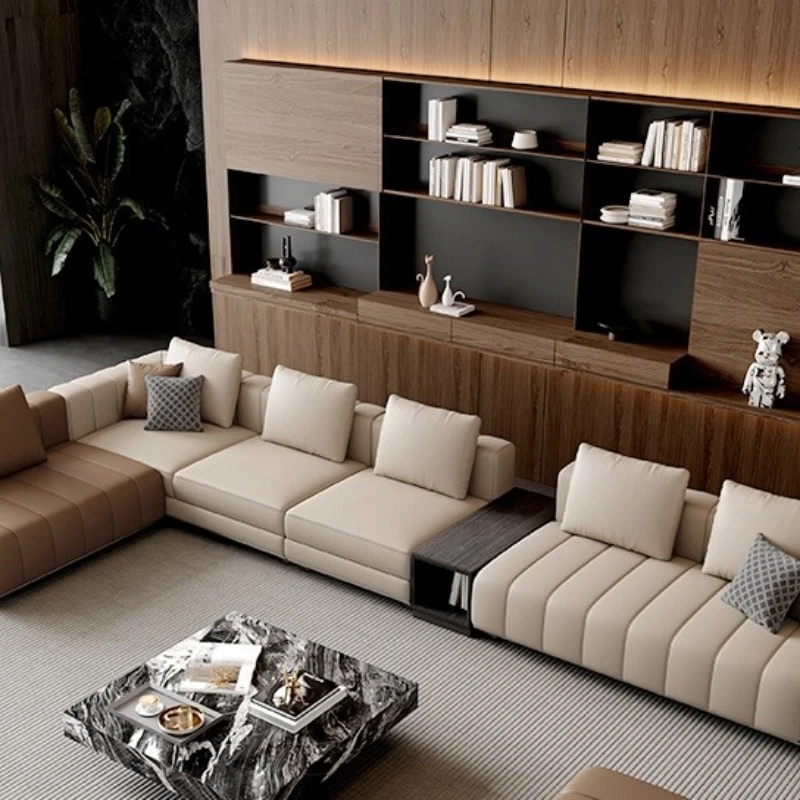 

Italian horizontal hall piano key leather sofa living room large apartment villa large flat high-end corner l-shaped leather sof