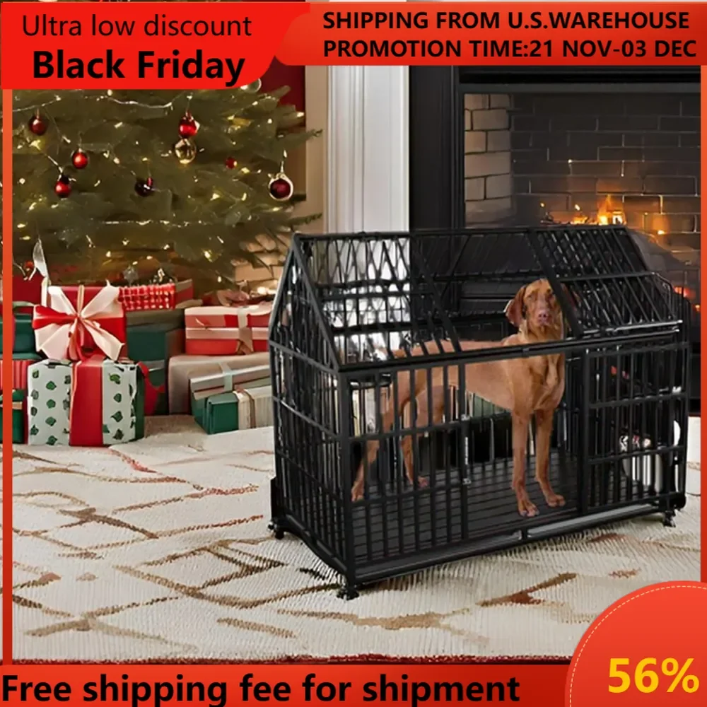 Heavy Duty Dog Crate for Large Giant Dogs, Metal Pet Cage Dog Kennel with Roof Strong Playpen, 54'' Dog Cage with Sturdy Latches