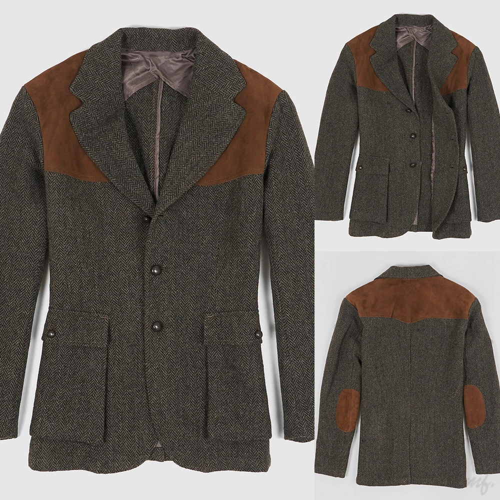 Classic Grey Green Herringbone Tweed Field Jacket with Suede Shoulder Patches Men Autumn Norfolk Coat Customized M266403