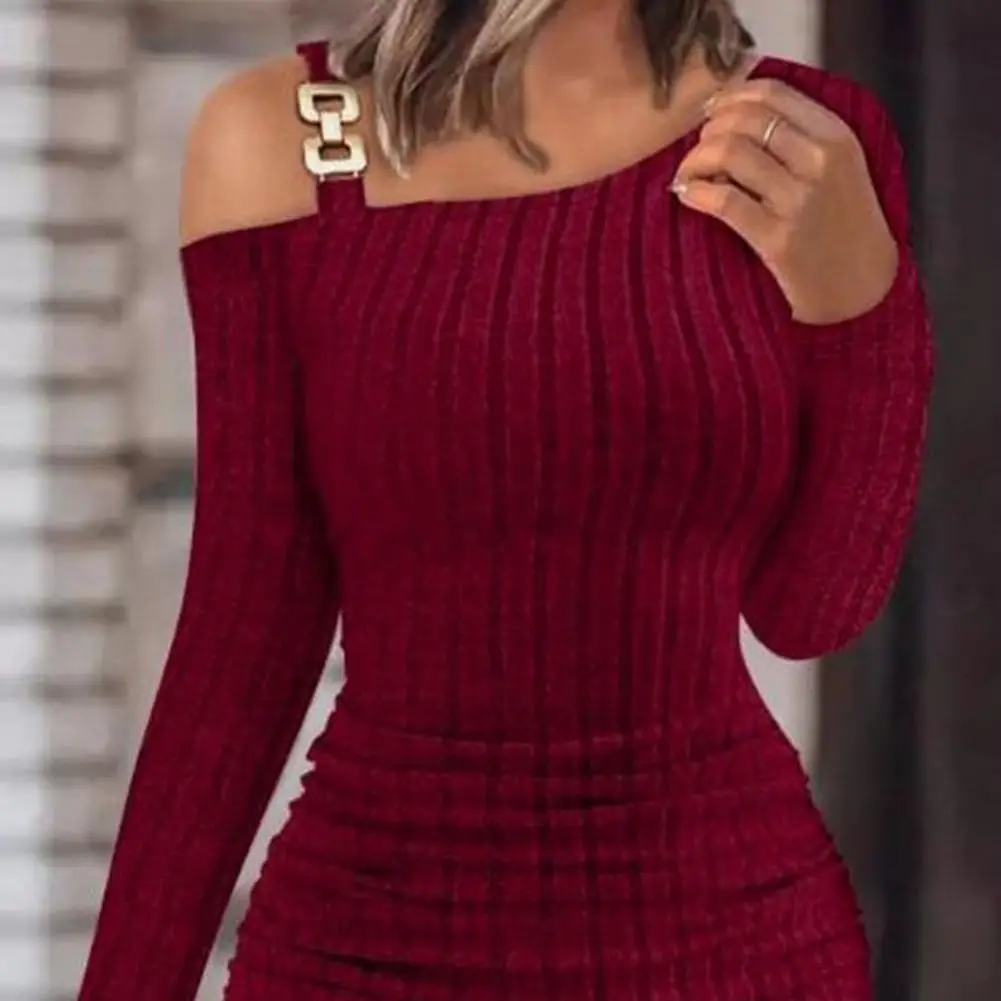 Sexy Ketting Off Shoulder Mini Jurk Vrouwen Gebreide Een Schouder Schuine Nek Effen Kleur Strakke Taille Lange Mouw Mini Schede Jurk