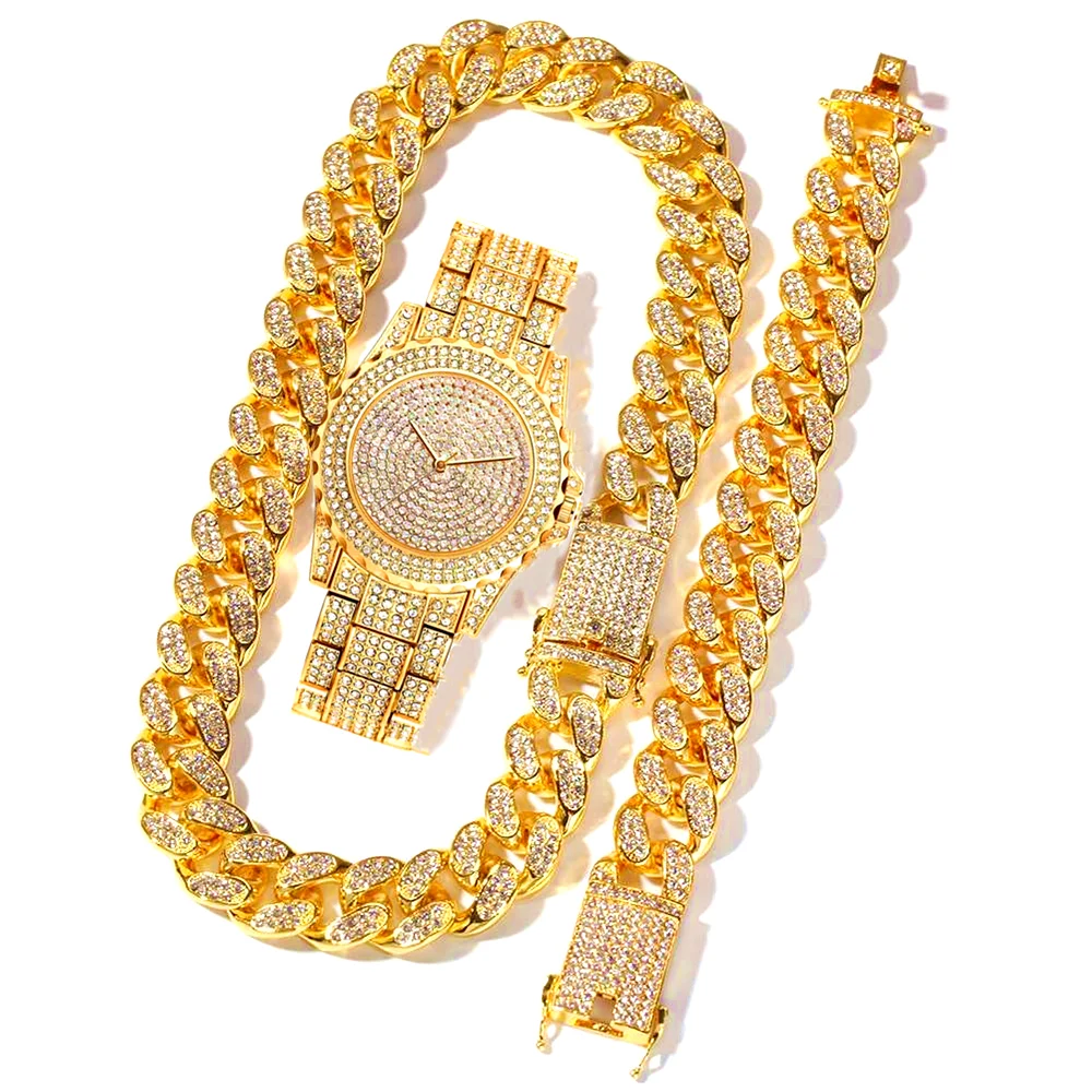 Classic Luxury Unisex Jewelry Set Bling Icedout Cuban Necklace Watch Bracelet Street Style Bar Club Rap Holiday Gifts Daily Wear