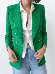 2023 Spring Women Casual Blazers Coats Plaid Veins Double Breasted Slim Female Elegant Office Lady Blazer Outerwear