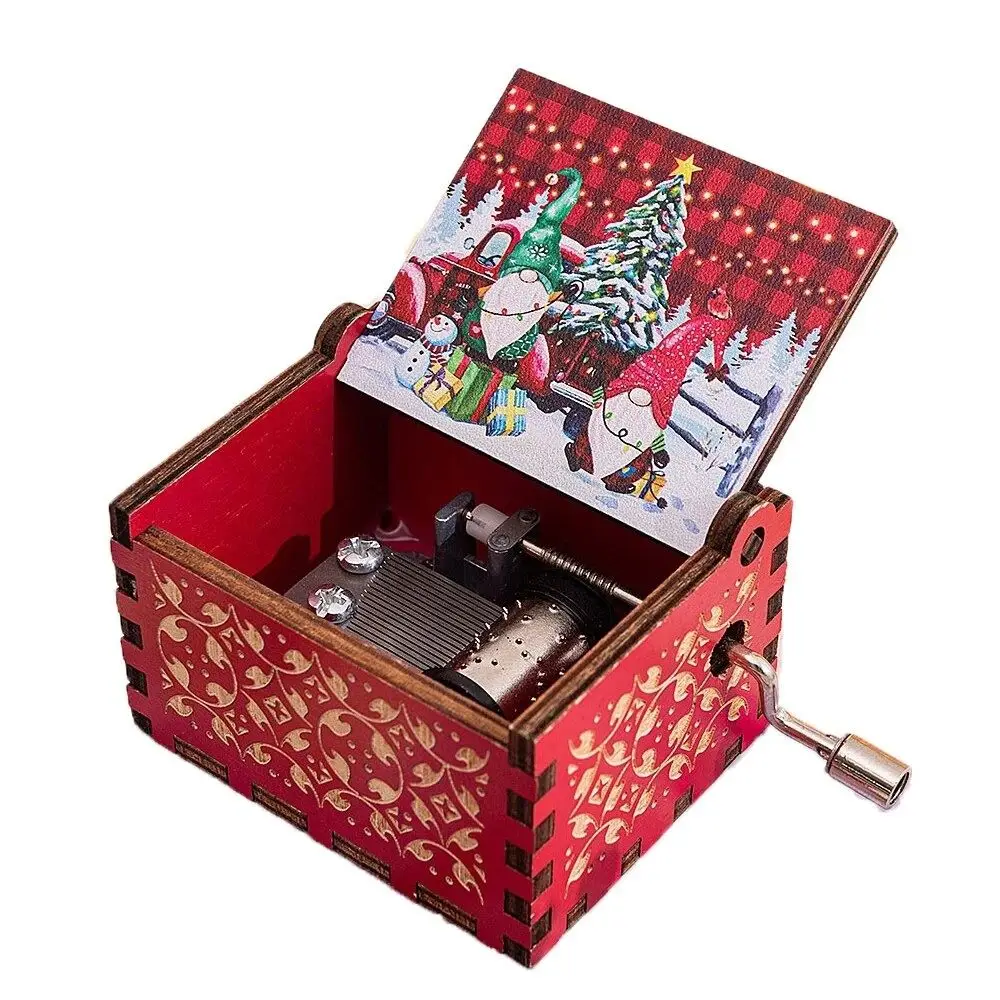 

Fashion Red Hand-cranked Music Box Painted DIY Music Box Ornaments Exquisite Hand-cranked Santa Claus Wooden Box Friend