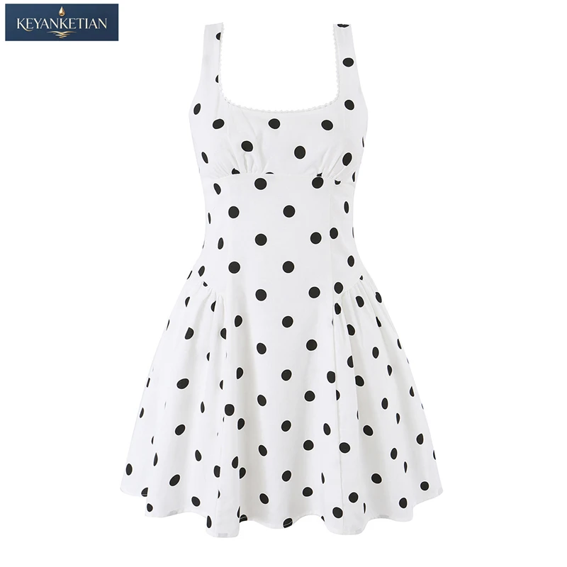 KEYANKETIAN 2026 French Vintage Polka Dot Mini Dress Lace Trim Square Neck Ruched Bust A Line Summer Sleeveless Tank Dress