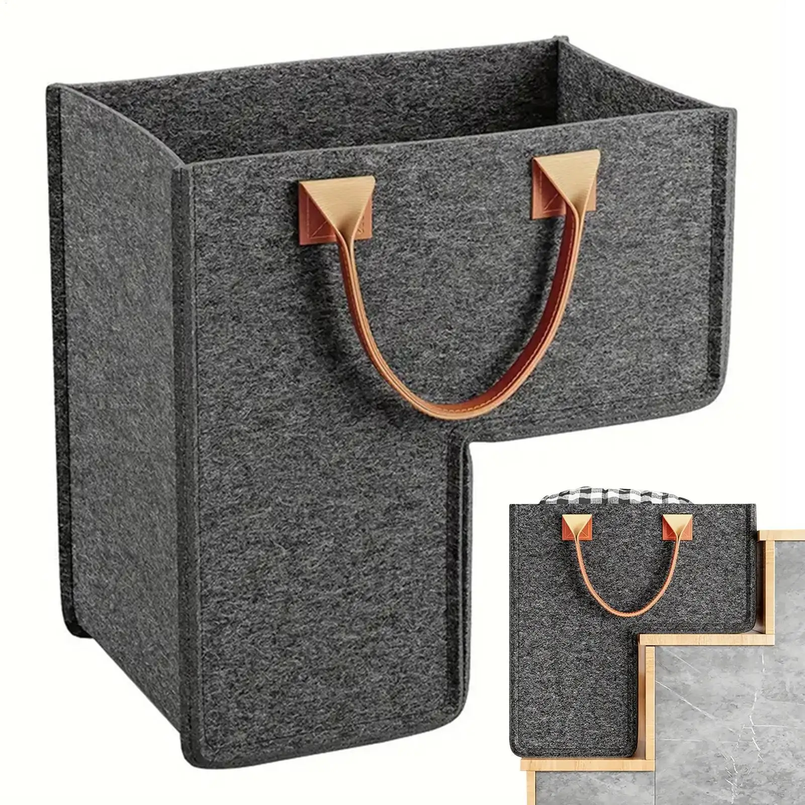 Cesta de almacenamiento de fieltro en forma de L para escaleras con asas de PU, organizador duradero para artículos diversos, bolsa de almacenamiento para escaleras que ahorra espacio para el hogar