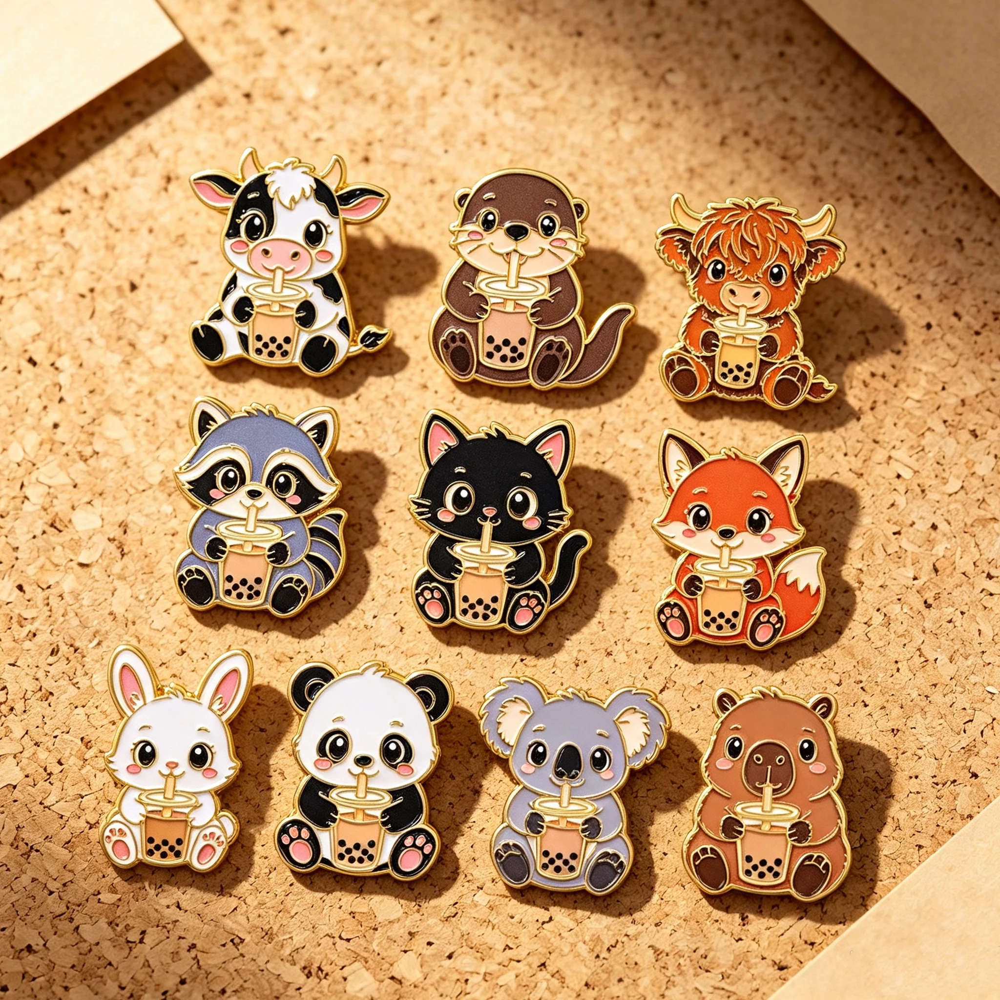 10er-Set Niedliche Boba-Milchtee-Tier-Emaille-Pins: Schwarze Katze, Capybara, Panda, Koala Broschen für Rucksack, Revers, Abzeichen, Schmuck-Accessoires