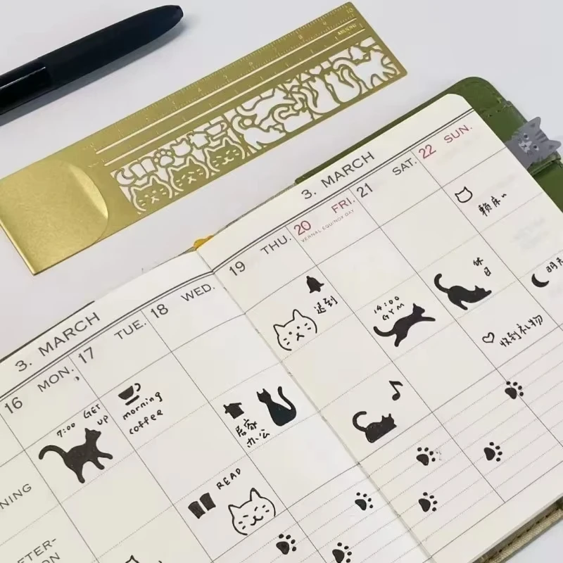 Multifunktionales Katzen-Doppelseitiges Lineal-Lesezeichen 1 Stück Messmarkierer für Tägliche Notizen, Planer, Tagebuch, Schreibwaren, Geschenk, Kunst