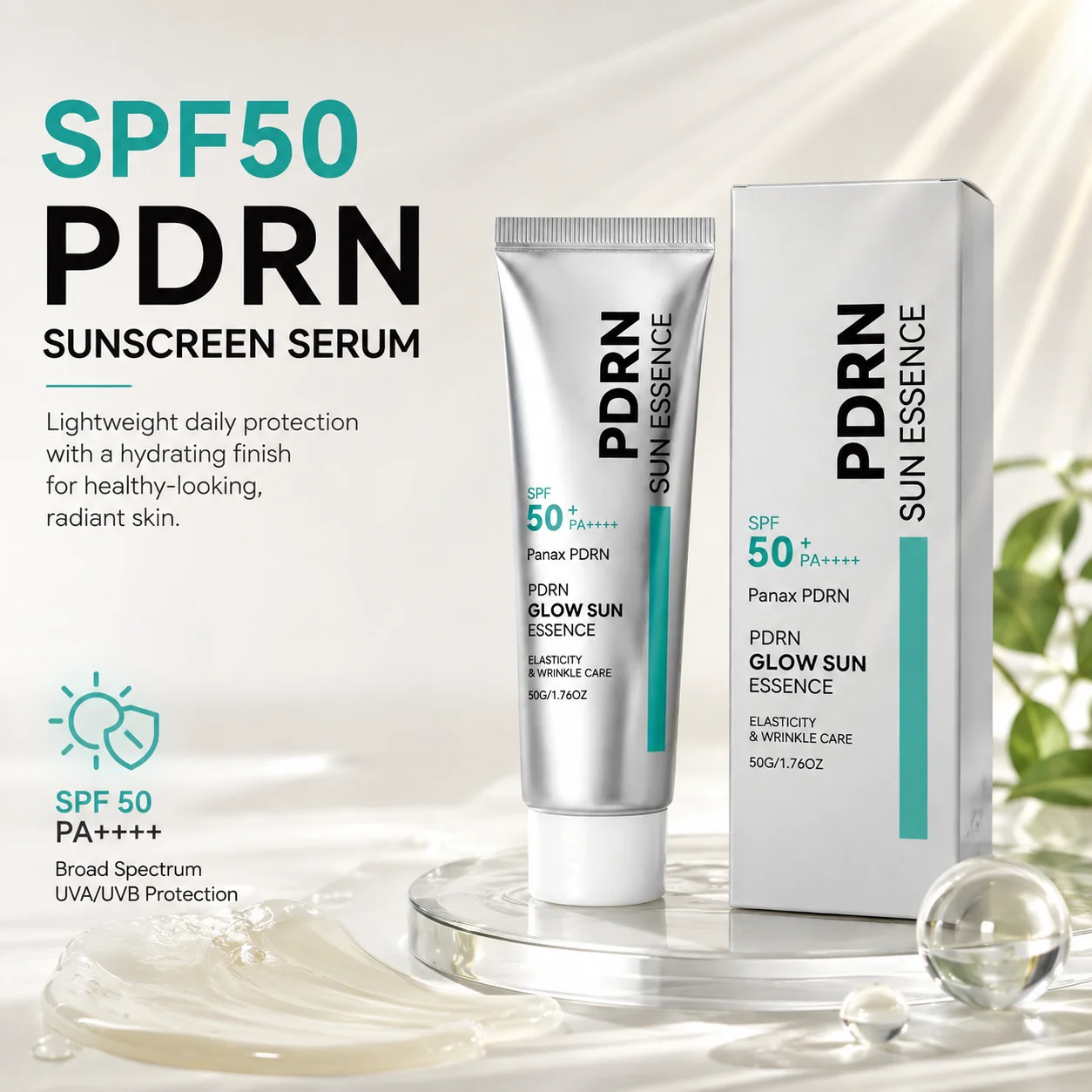 SPF 50 PDRN Facial Sunscreen Essence Broad Spectrum UV Defense Waterproof Moisturizing Refreshing Non Sticky Daily Face Sun Care