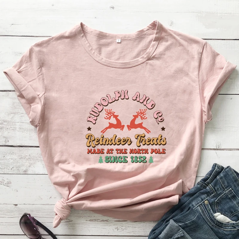 colored Rudolph and Co reindeer treats tshirt retro women short sleeve merry christmas top tee shirt