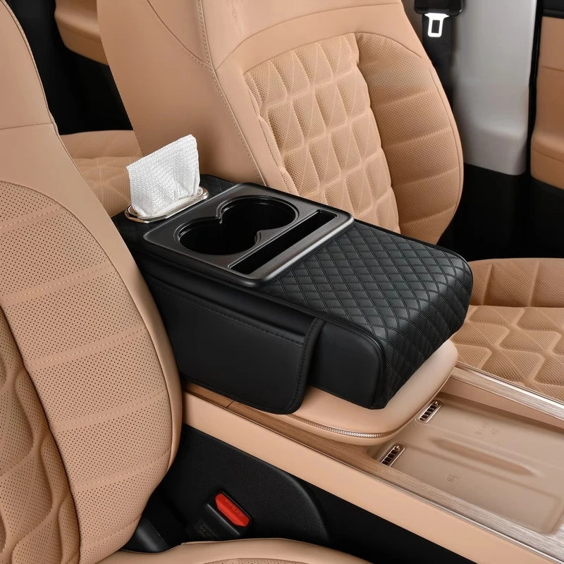 3 In 1 Heighten Car Center Console Armrest Cushion Arm Rest Box Pad Side Extension Bag with 2 Cup Holders Tissue Box Organizer