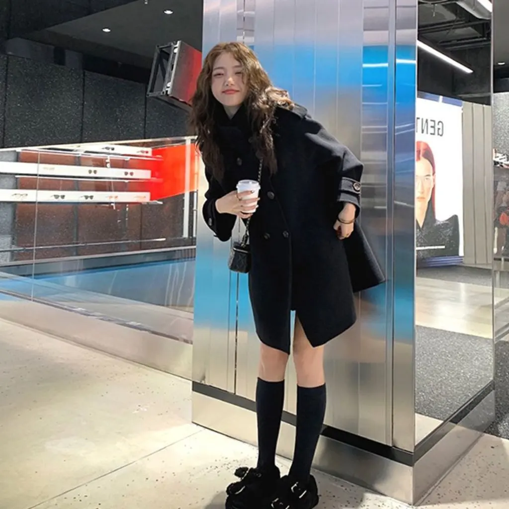 

Blue Cape Coat for Women Woolen Winter Thickened Double-Sided Cashmere Hepburn Korean Style Warm Outerwear