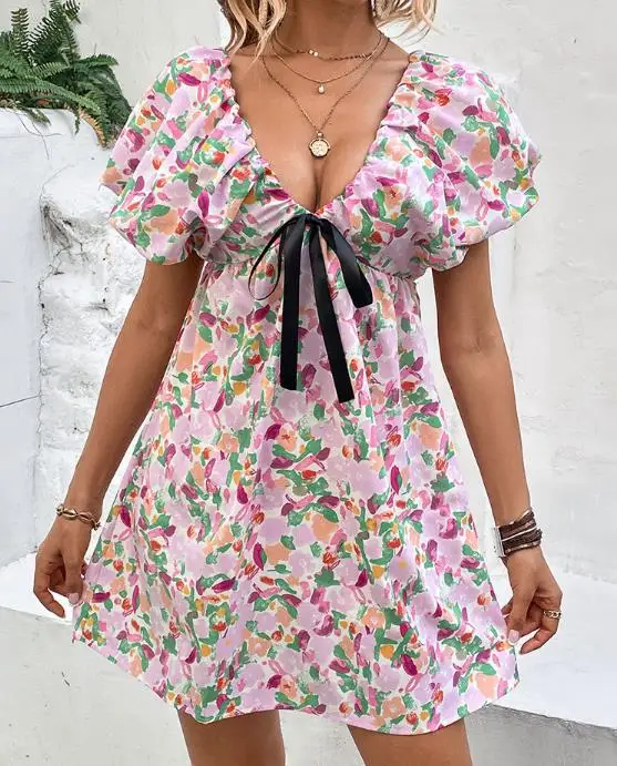 

2025 New Sexy and Sweet Vacation Style Short Skirt with Bubble Sleeves and Bow Print Dress