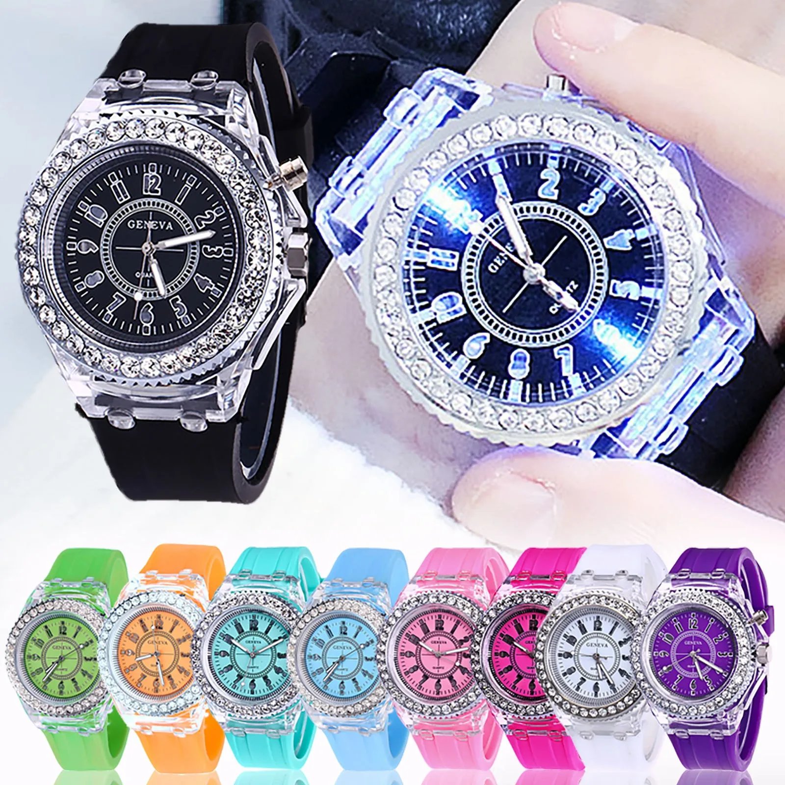 Chic GENEVA Luminous Quartz Watch Sparkling Rhinestone Frame White Silicone Strap Stylish Unique Dial Women's Wristwatch