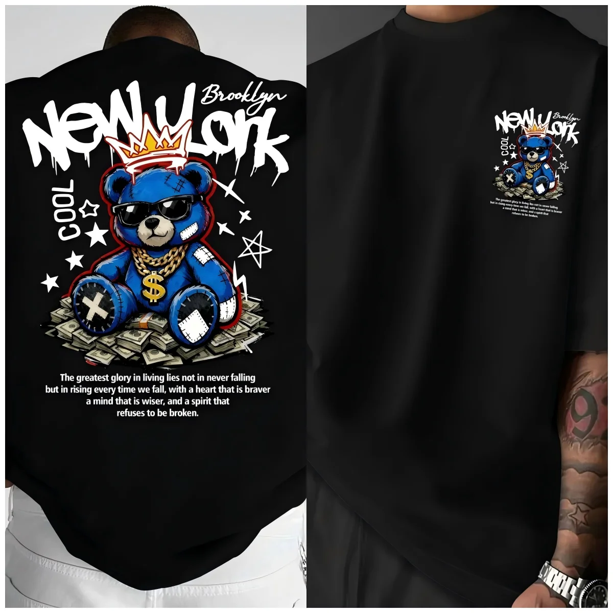 American men's summer New York Fortune Bear letter print micro elastic breathable round neck T-shirt outdoor street style top