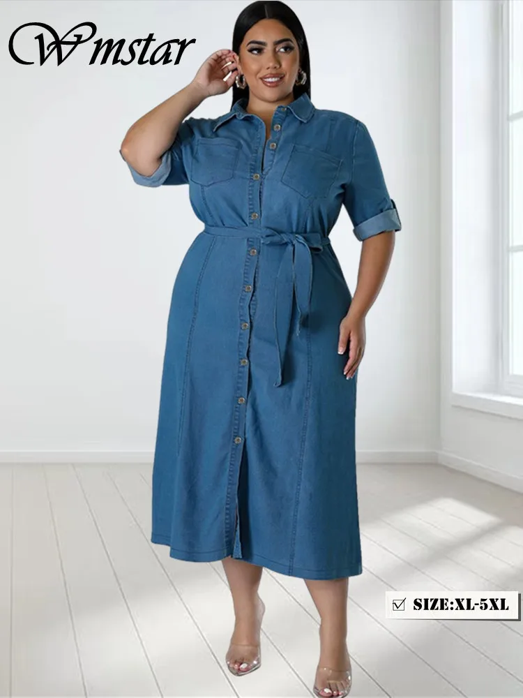 

Wmstar Plus Size Denim Dresses Women Long Sleeve Casual Button New Maxi Dress Fall Clothes Wholesale Dropshipping with Bandage