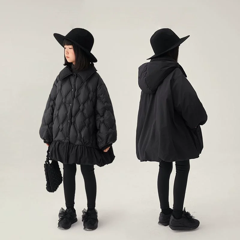 Girls Reversible Down Coats Children Thicken Mid-Length Jacket Kids Winter Warm Hooded Parka Teenager Trendy Casual Outerwear