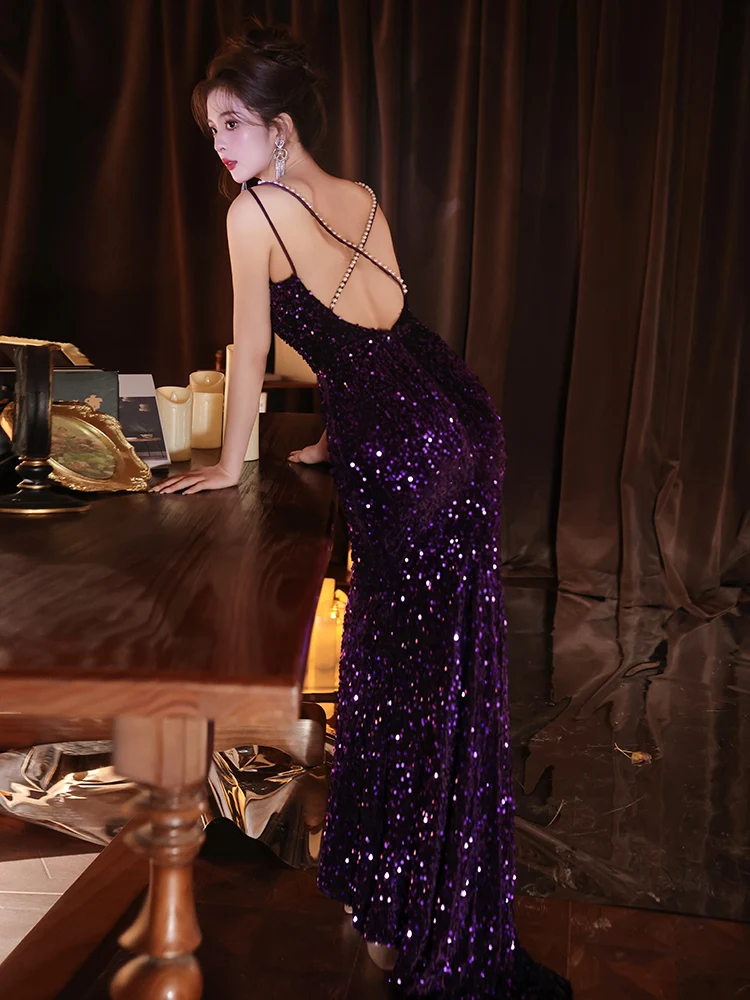 

Ele Purple Evening Gown Women's New 2025 High-End Sensation Year Conference Luxury Bal Fi Tail Skirt
