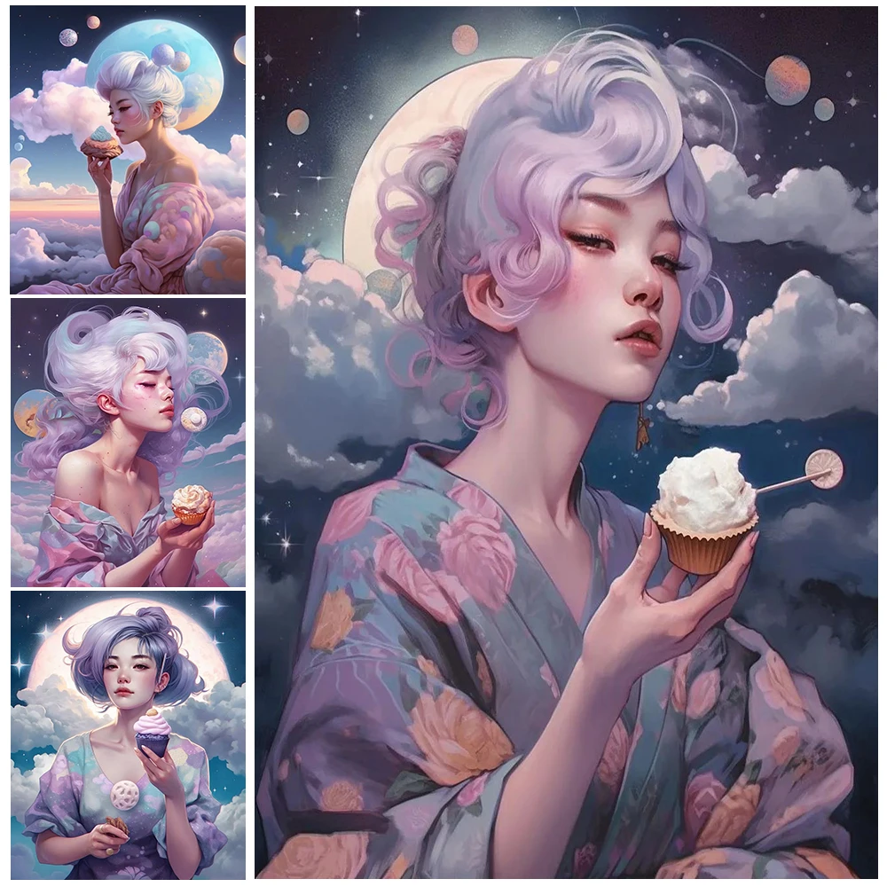 Illustration Girl Cupcake Colorful Clouds Poster Wall Art Canvas Painting Home Decor Wall Pictures For Living Room Unframed