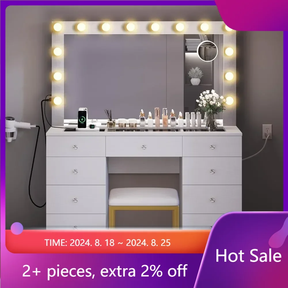 

Large Glass Top Vanity Makeup Mirror Desk Crystal Handle 3 Color Lighting Modes 9 Drawers Magnifying Glass White Dresser Table