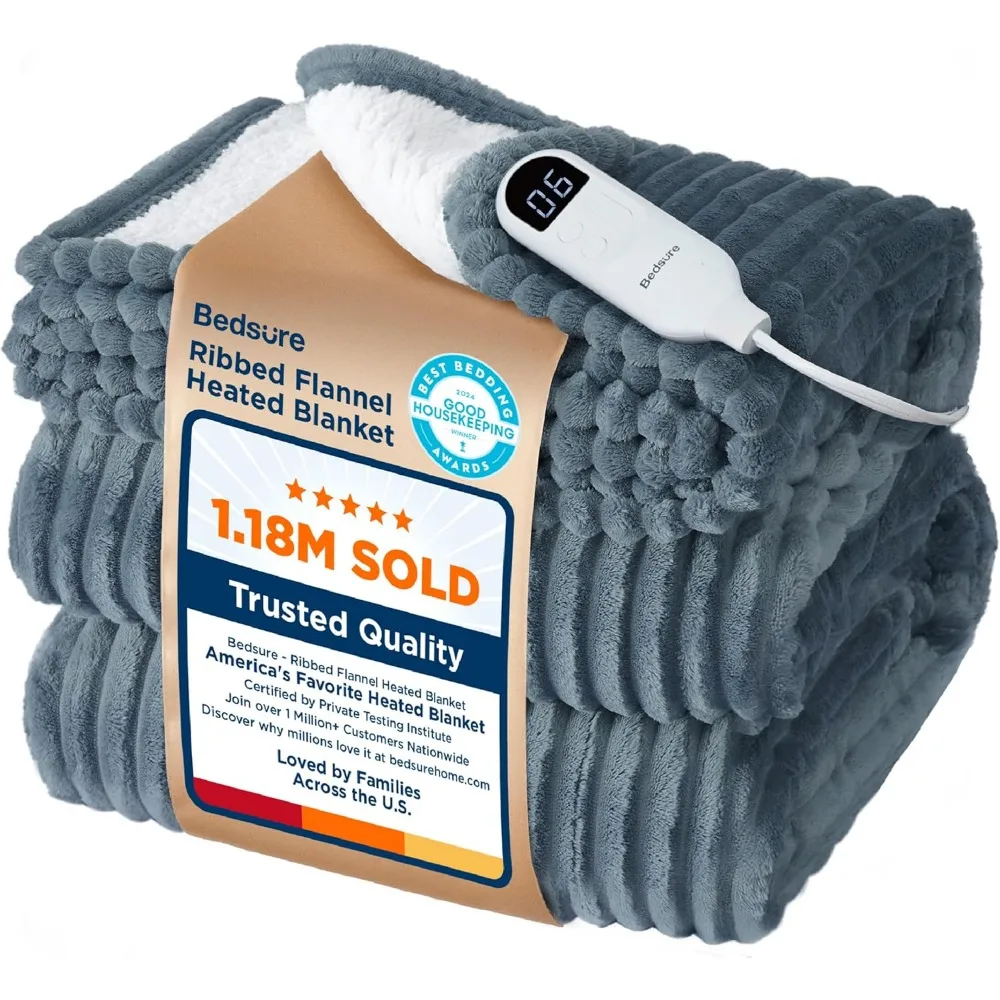 

Soft Ribbed Flannel Heated Blanket Twin with 6 Heat Levels, 10 Time Settings, Auto Shut Off (62x84 inches, Grey)