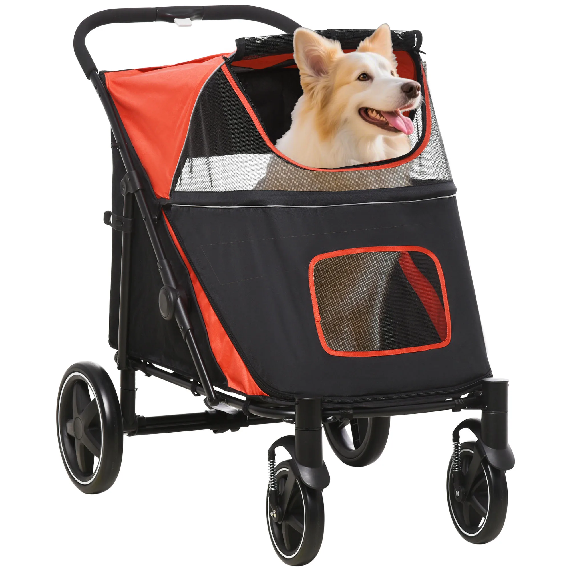PawHut Cochecito para Perros Plegable Carrito para Mascotas con Ventanas de Malla Correas de Seguridad 112x65x100 cm Rojo