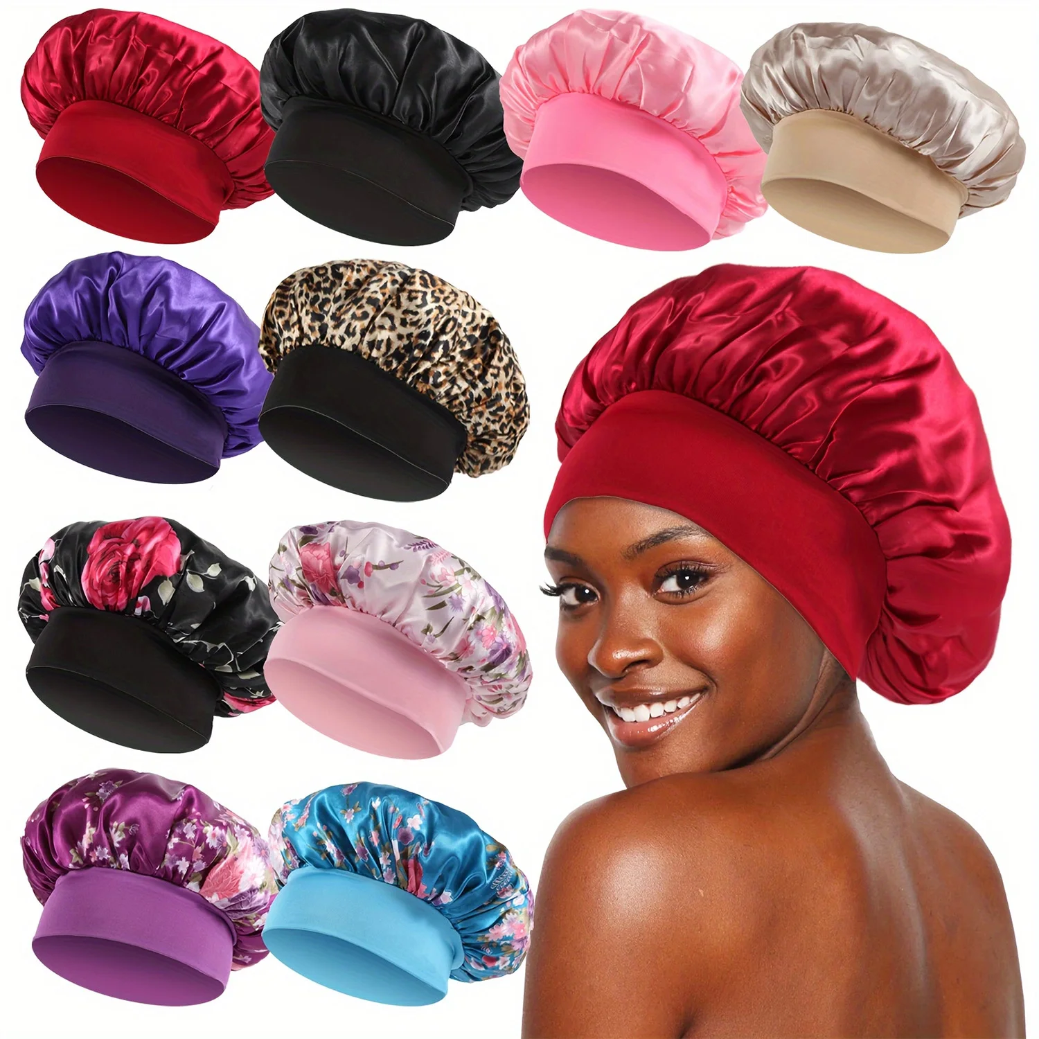 10PCS Women Satin Bonnet Elastic Wide Band Night Sleep Hat Solid Floral Printed Soft Silk Cap Set Beauty Salon Hair Care Hats