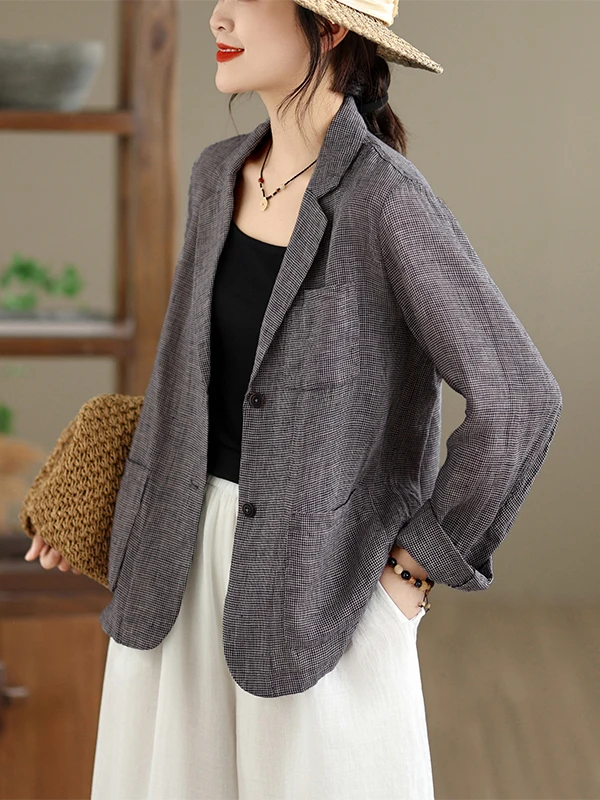 

Ретро-жакет в клетку для женщин, свободный повседневный летний топ, защита от солнца, из смесовой хлопковой ткани, на каждый день, с длинными рукавами, на пуговицах