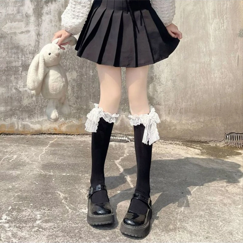 1/2 Paar Damen-Wadensocken mit Schleifenband, modisch, Lolita, JK, süßer Stil, weich, bequem, atmungsaktiv, für alle Jahreszeiten, allgemeine Freizeitsocken – Detail 6