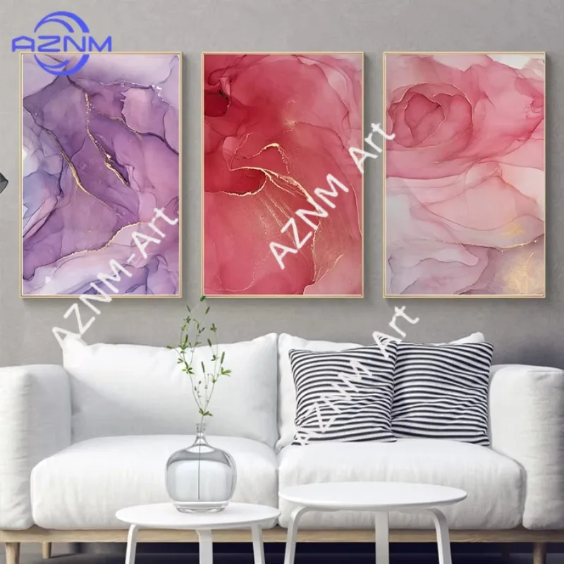 1 Stück Modernes Abstraktes Schönes Buntes Goldenes Blütenblätter Tinten-Leinwandgemälde Rosa Lila Wandkunst Drucke Poster Heim-Dekor Bild