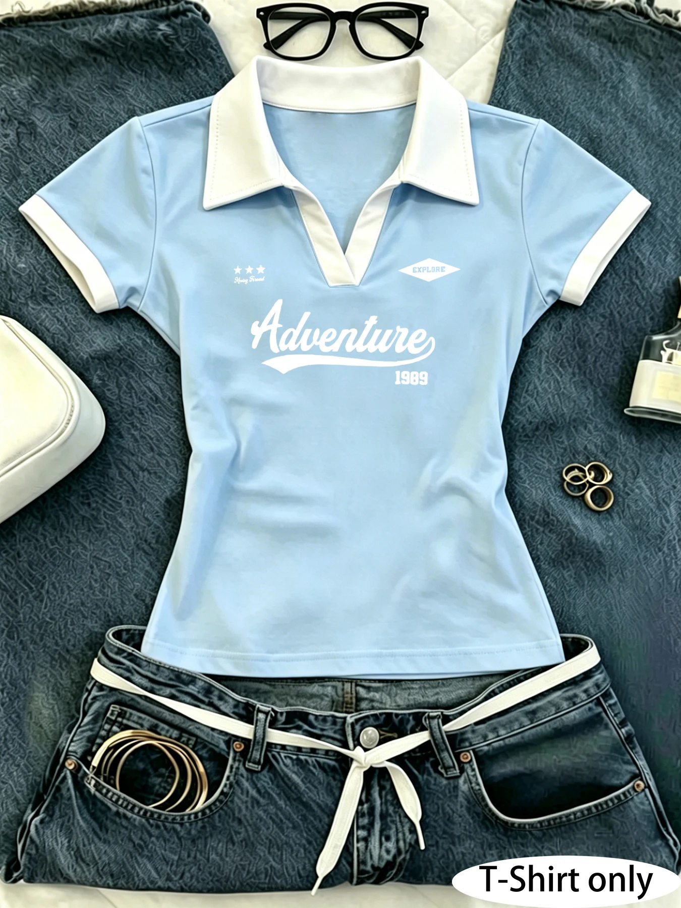 Neues Damen-Poloshirt mit Farbblockierung, vielseitigem Reverskragen und kurzen Ärmeln – Detail 8