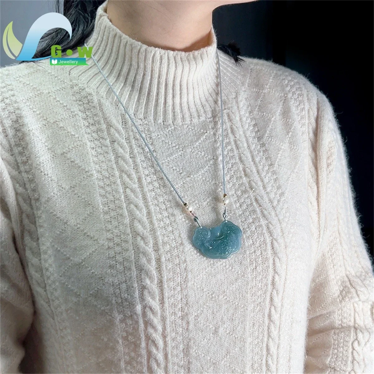 Blue Water Jadeite Necklace Natural Floral Pendant AAA Quality Myanmar Jade Jewelry Translucent Greenish Blue Stone Gift For Her
