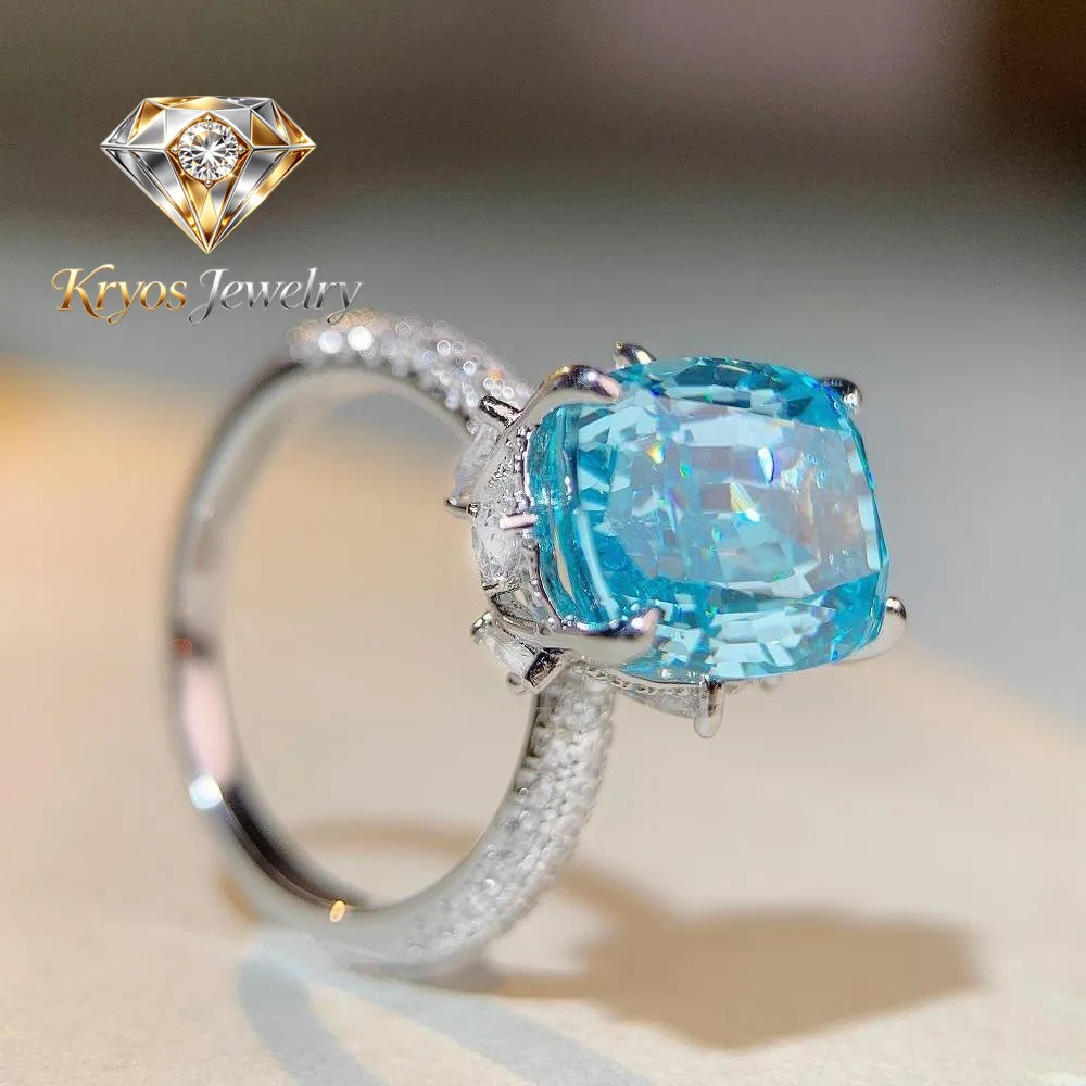 Kryos Jewelry Luxury white gold solid platinum PT950 Aquamarine Moissanite Ring Women's 10 karat Ring