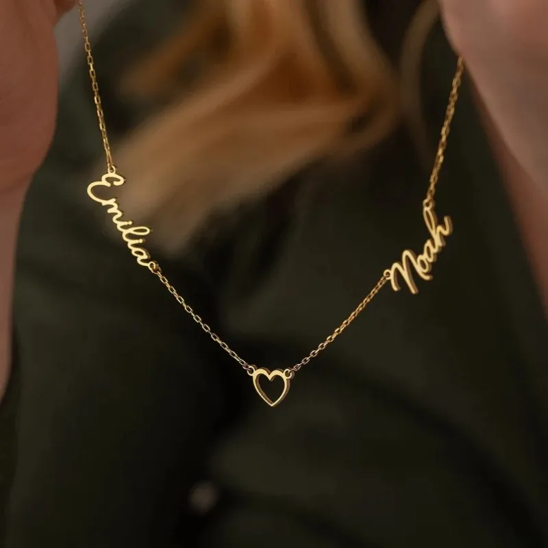 Akizoom Custom Multiple Names Necklace Stainless Steel Personalized Couple Names Heart Chain for Women Man Family Jewelry Gift