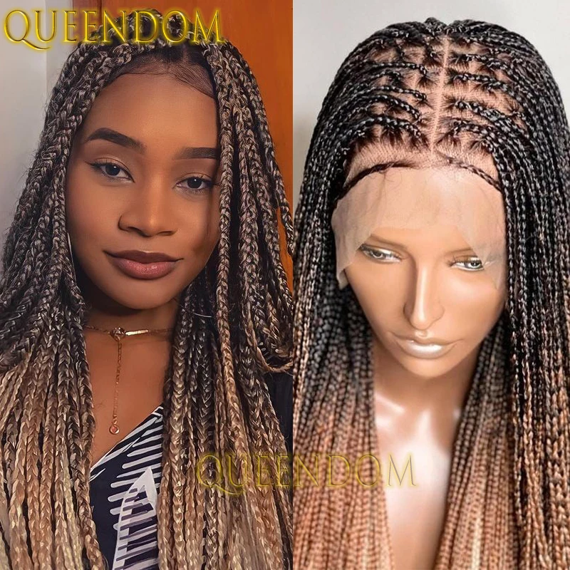 

Synthetic 32 Inch Braids Women Wig Knotless Protective Ombre Blonde Cornrow Plaits Braids Wig Full Lace Distressed Box Braid Wig