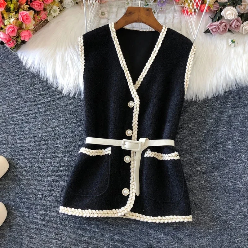 Vintage Cropped Knitted Sweater Vest Jacket Women Korean Pearl Button Belted Waistcoat Casual V-Neck Sleeveless Short Tank Tops