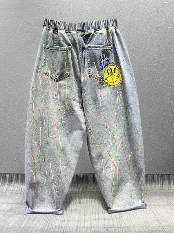 

Spring 2025 New Casual Print Loose Elastic Waist Slimming Harlan Pants Women's Jeans High Waist Nine Points Length