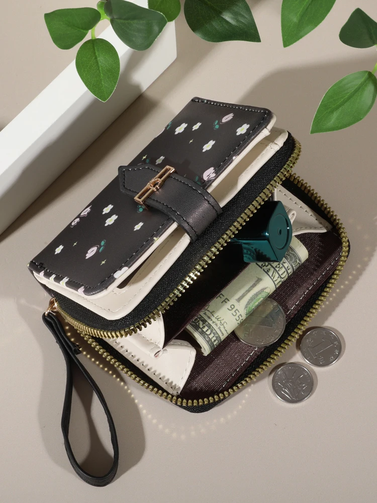 Flower patterned credit card holder for women or men\'s small card case with zipper hand-held wallet