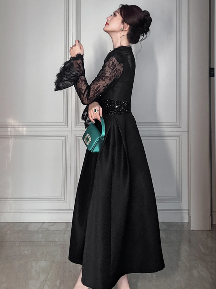 ผู้หญิง Retro ชุดราตรีหรูหราภาษาฝรั่งเศสคําพรหม SHEER Lace Splice เอวสูงขนาดใหญ่ Swing Robe หญิงสีดําเลื่อมปาร์ตี้ ...