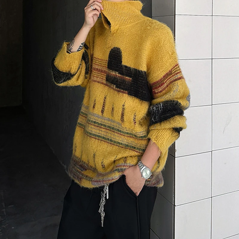 أنيق رجالي التباين اللون البلوزات الخريف الشتاء في الهواء الطلق عادية كم طويل التلبيب متماسكة لاعبا الرجال Vintage قميص بولو متماسكة #4