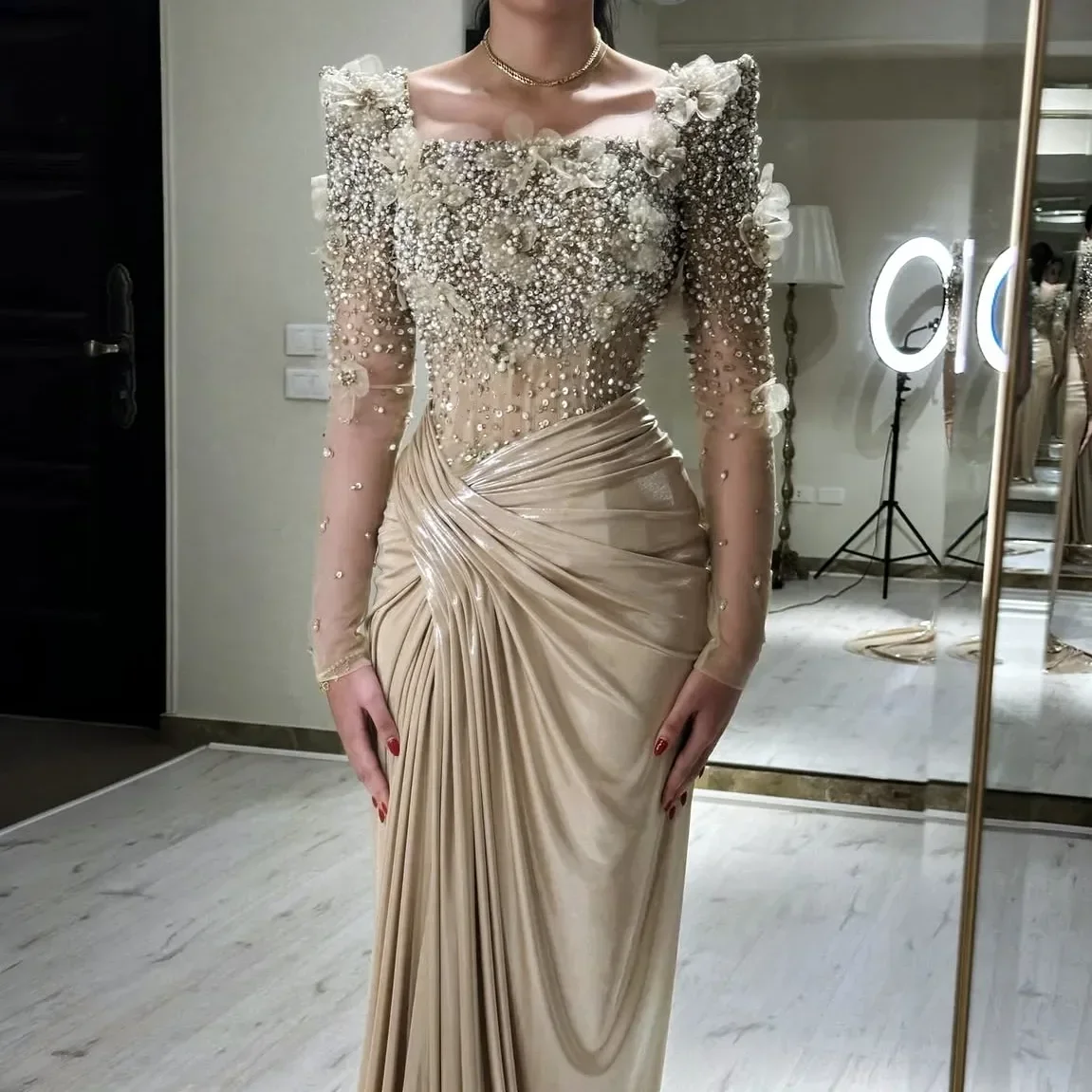 Luxury Mermaid 3D Flower Beaded Party Evening Dress Sexy Square Neck Transparent Long Sleeve Formal Event Ball Dress Customized