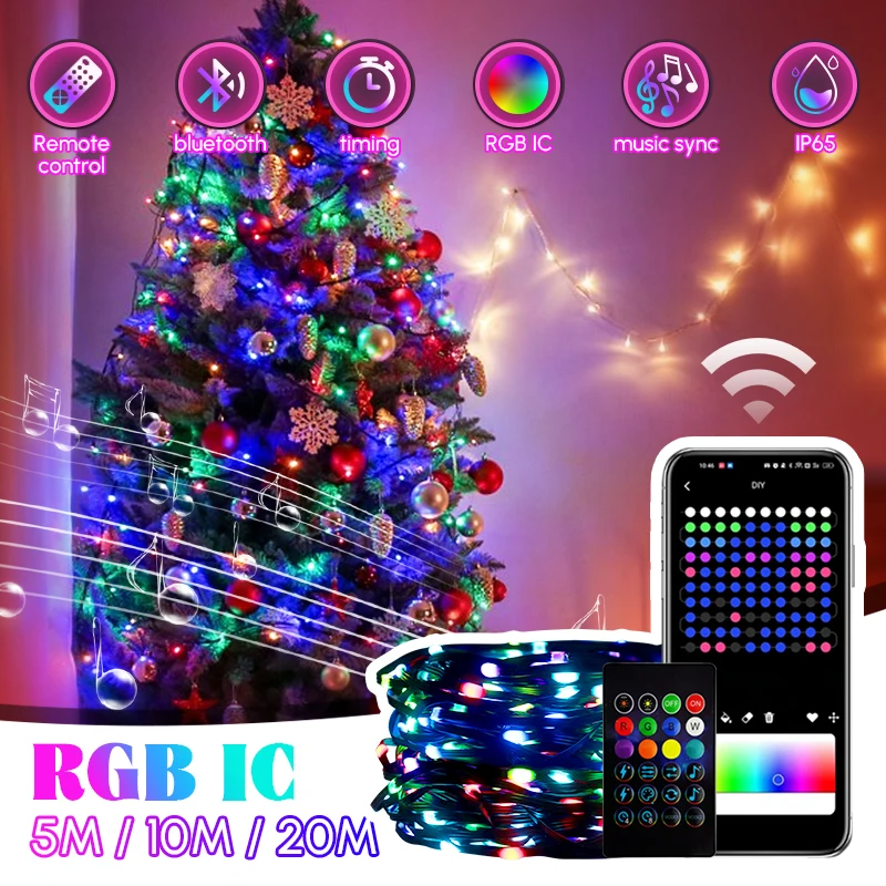 SALE LED RGBIC Christmas Light Outdoor for Xmas Tree Fairy Light Smart APP Remote Control USB String Lighting MultiColor Garland