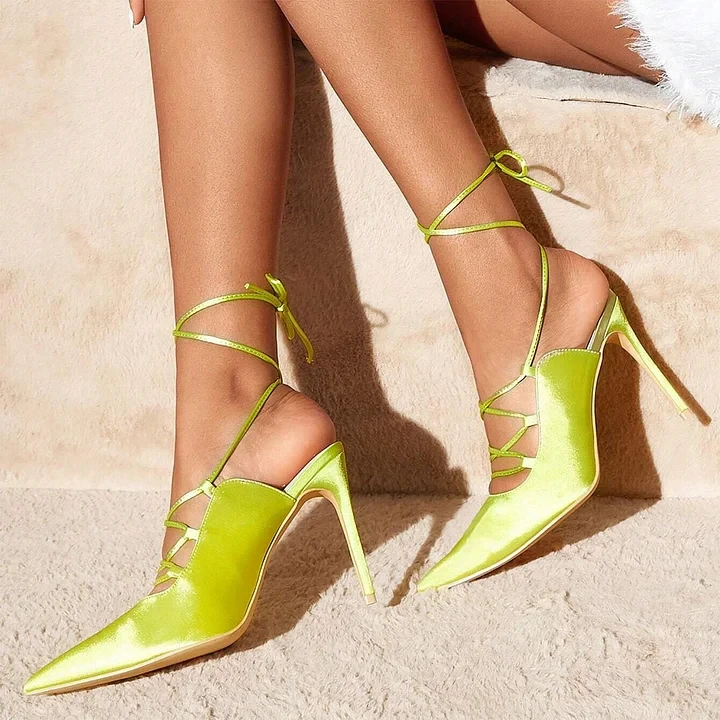 Satin Pointed Toe Ankle Wrapped Slingback Heels In Light Green Lace Up Fashion Summer Sexy Women Summer Dress Party Casual Pumps