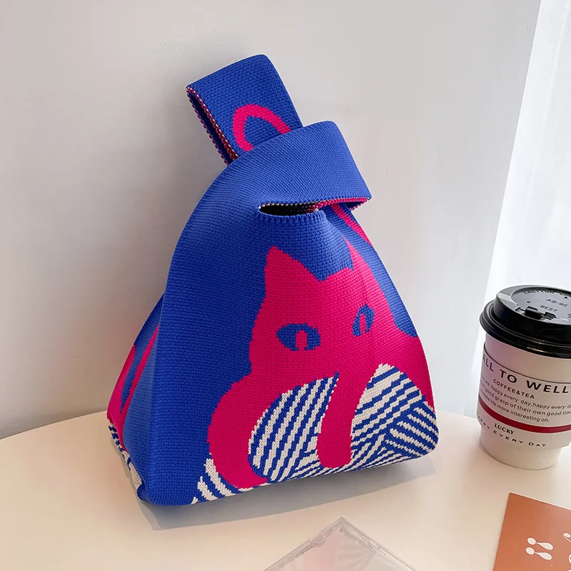 10PCS Handmade Knitted Wristlet Knitted Bag Casual Colourful Tote Student Reusable Shopping Bag  Korean Cat Tote Bag