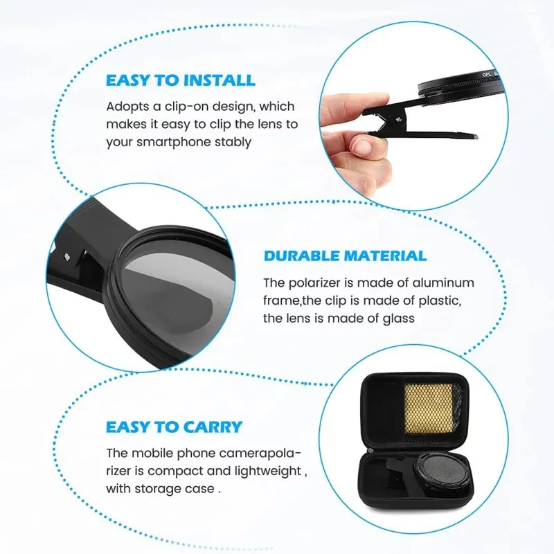 ชุดฟิลเตอร์ CPL สำหรับ iPhone Samsung Huawei Xiaomi Moto Google Canon Nikon Sony DSLR สำหรับโทรศัพท์