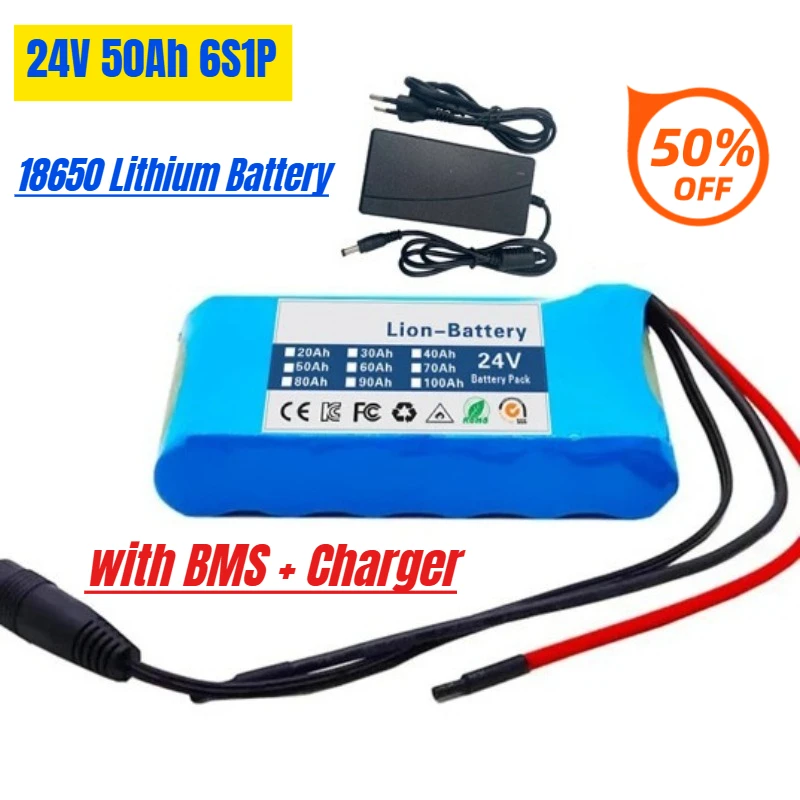 

18650 Lithium Battery 24V 50Ah 6S1P Rechargeable Lithium Battery Pack with BMS + Charger