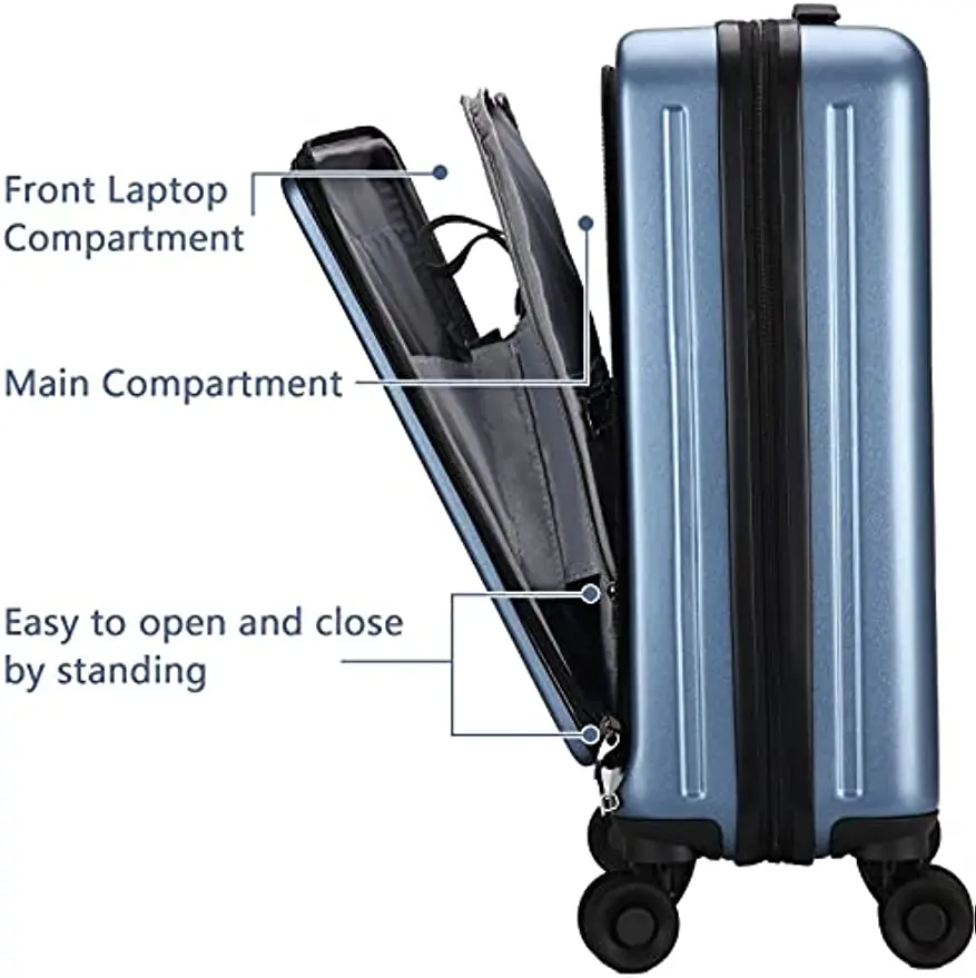 Ensemble de bagages avec poche avant pour ordinateur portable, coque rigide extensible et légère, ABS et PC, serrure TSA, roues tournantes, bleu, 20, 20/24